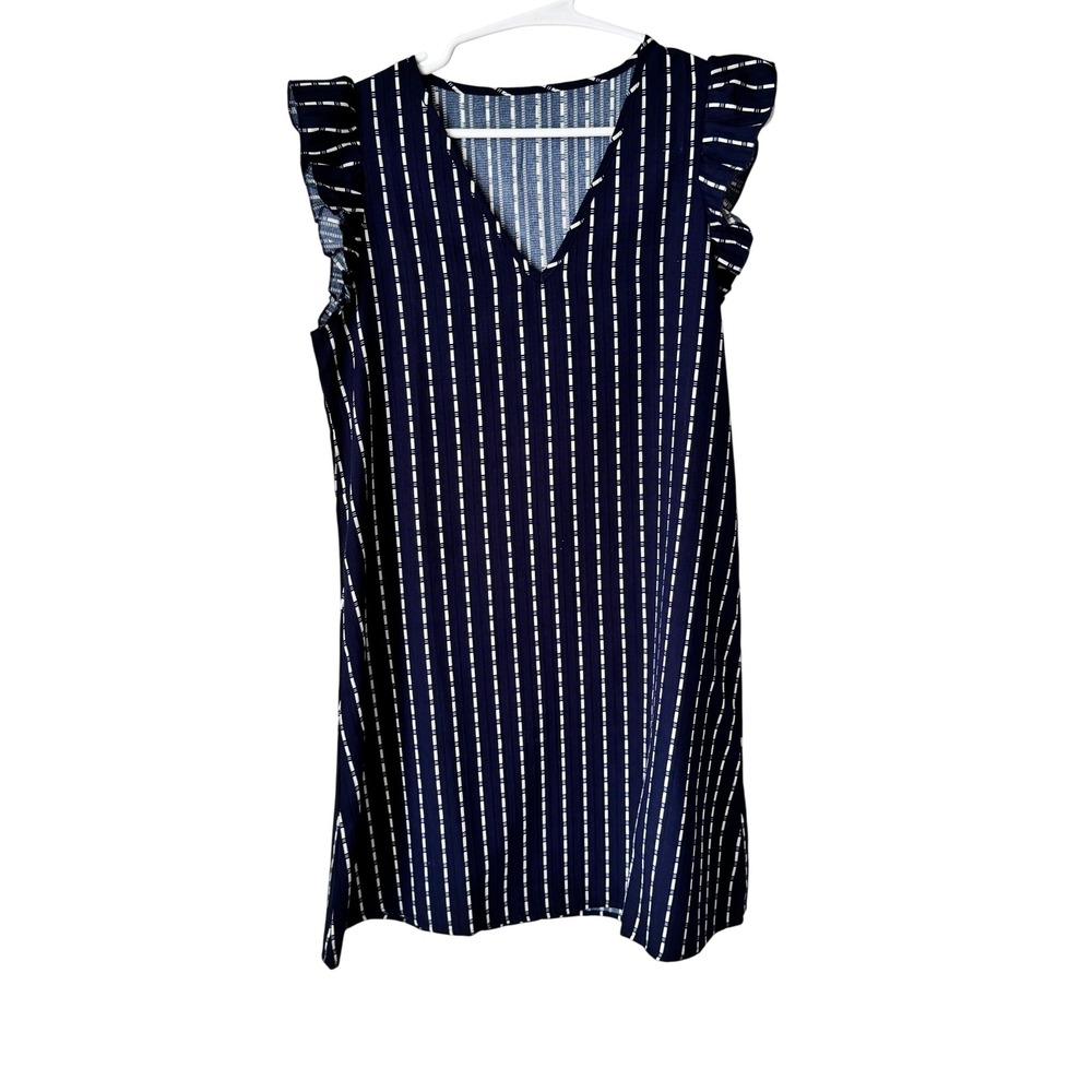 SHEIN Navy Blue White Striped Ruffle Sleeve V-Neck Shift Dress Small